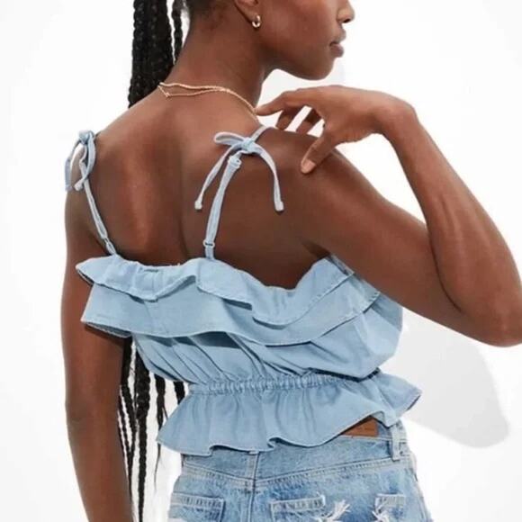 NWT American Eagle Denim Ruffle Tie Tank Top XS Blue Cottagecore Chambray Fall - Picture 2 of 4